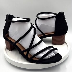 Torrid Womens Black Strappy Faux Suede Low Block Heel Sandals Back Zip Size 10